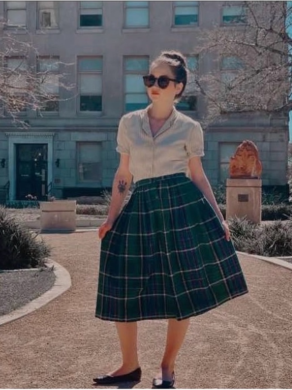 Vintage Sag Harbor Dark Green Plaid A-Line Midi Skirt
